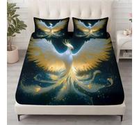 Sábana bajera ajustable para cama de matrimonio de 135 x 190 cm, microfibra súper suave y transpirable, diseño de fénix verde y cielo estrellado, funda de colchón de fácil cuidado