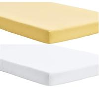 Sábana bajera ajustable para cuna de viaje de 95 x 65 pulgadas, sábana elástica en 4 direcciones, sábana bajera suave, hipoalergénica, elástica, transpirable, sábana bajera ajustable (paquete de 2, blanco y amarillo)