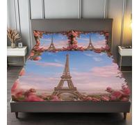 Sábana Bajera Azul Ajustable Cómoda Transpirable 90 x 190 cm, Juego de Cama Dibujo Animado Floral Moderno Eiffel Torre Antideslizante Decorativo para Colchones de hasta 30 cm de Profundidad