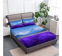 Sábana Bajera Azul Celeste Ajustable Colchones 150 x 200 cm, Suave Cómoda Transpirable Dibujos Animados Lavanda Campos de Flores Sábana Bajera Imprimir Elástico en el Borde Bolsillo Profundo 30 cm