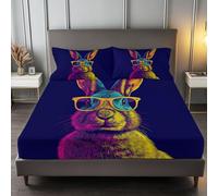 Sábana Bajera Azul Oscuro Ajustable Cómoda Transpirable 180 x 200 cm, Juego de Cama Neón Minimalista Animal Conejo Antideslizante Decorativo para Colchones de hasta 30 cm de Profundidad