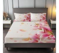 Sábana Bajera Blanco Ajustable Cómoda Transpirable 90 x 190 cm, Juego de Cama Elegante Minimalista Floral Lirio Rosa Antideslizante Decorativo para Colchones de hasta 30 cm de Profundidad