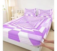 Sábana bajera cuadrada geométrica a cuadros, tamaño doble, colección de obras de arte abstractas dinámicas, ropa de cama de cuadrícula morada y blanca, bolsillo profundo para niños, adolescentes y