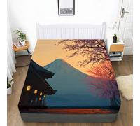 Sábana bajera de arquitectura japonesa escena nocturna luna suave, estampado de arena lavable ajustable, funda de colchón con gorro de 30 cm, sábana bajera con borde elástico, 180 x 200 cm