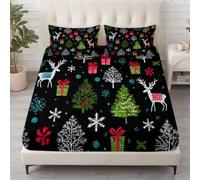 Sábana bajera de Navidad de 160 x 200 cm con altura de 30 cm, antibacteriana e hipoalergénica con goma en todo el contorno, funda de colchón para cama con somier, árbol de Navidad, reno, regalo