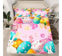 Sábana bajera de Pascua feliz tamaño M, rosa hermosos huevos lindos conejo bolsillo profundo funda de colchón para niños, funda de edredón de arte de flores coloridas con 1 funda de almohada (sin hoja