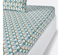 Sábana bajera de percal de algodón, Elisa. Talla Cama 90cm (90x190cm). Color Blanco/Estampado Verde