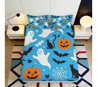Sábana Bajera Fantasma Halloween 3D Impresa Microfibra Bolsillo Profundo Antideslizante Calabaza Dormitorio Funda de Colchón Lavable 180x200x25cm