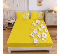 Sábana Bajera Flores BlancasDe 180x200x30cm, Minimalismo Sábanas Ajustables, Amarillo Sábana Ajustable Suave Lavable Máquina para Todas Las Estaciones