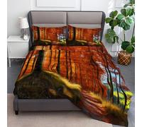 Sábana Bajera Impresas de Microfibra Suave Camino del Bosque con Paisaje Otoñal Suave Cómoda Transpirable Tela, Elástico en el Borde Bolsillo Profundo 30cm, 180 x 200 cm, Rojo