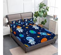 Sábana Bajera Impresas de Microfibra Suave Cohete De Astronauta Espacial Suave Cómoda Transpirable Tela, Elástico en el Borde Bolsillo Profundo 30cm, 150 x 200 cm, Azul Marino