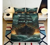 Sábana Bajera Impresión 3D Barco Pirata Microfibra Bolsillo Profundo Protector de Colchón Antideslizante Dormitorio para Adultos y Jóvenes 140x200x25cm