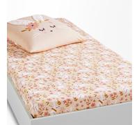 Sábana bajera infantil de algodón orgánico, Lapin fleuri. Talla Cama 90cm (90x190cm). Color Estampado Rosa
