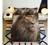Sábana Bajera Leona Impresa 3D Microfibra Bolsillo Profundo Antideslizante Ropa de Cama Funda Ajustable Colchón León Lavable 160x200x25cm