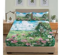 Sábana Bajera Microfibra 150x190x30 cm Campo de Cuento de Hadas de FantasíA Sábana Ajustable Suave Cómoda Transpirable Colchones Ropa de Cama Verde para Cama Individual Niños Adultos