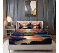 Sábana Bajera Microfibra Suave y Transpirable Naranja-Amarillo, Estampada Pintura al óleo Luna Montañas Lago, Bolsillo Profundo 30cm, Funda de Colchón Elástica para Dormitorio y Hotel 180 × 200 cm