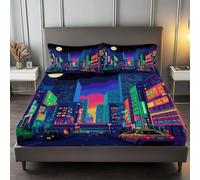 Sábana Bajera Morado Ajustable Cómoda Transpirable 160 x 200 cm, Juego de Cama Futuro Nostalgia Neón Ciudad Antideslizante Decorativo para Colchones de hasta 30 cm de Profundidad