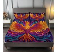 Sábana Bajera Naranja-Amarillo Ajustable Cómoda Transpirable 180 x 200 cm, Juego de Cama Fantasía Abstracto Animal Fénix Antideslizante Decorativo para Colchones de hasta 30 cm de Profundidad