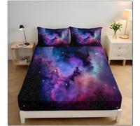 Sábana Bajera Nebulosa AzulDe 180x200x30cm, Universo De Los Sueños Sábanas Ajustables, Púrpura Sábana Ajustable Suave Lavable Máquina para Todas Las Estaciones