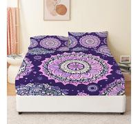 Sábana Bajera Púrpura 100% Poliéster Suave Cómoda Transpirable Tela Mandalas Dibujadas a Mano Impresión - Bolsillo Profundo 30cm (135 x 190 cm,2 Fundas de Almohada)