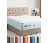Sábana bajera Queen única de lujo de hotel, ajustable con bolsillos extraprofundos, se adapta fácilmente a colchones de 45 a 60 cm, suave, sin arrugas, transpirable y cómoda, Azul hielo