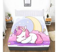 Sábana bajera suave y transpirable de dibujos animados de ensueño estampada, 90 x 200 cm, unicornio, luna, flores, estrellas, sábana bajera ajustable de microfibra de alta calidad, hasta 30 cm de