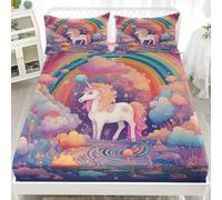 Sábana Bajera Unicornio de Dibujos Animados ArcoíRis Sábana Bajera Ajustable de Microfibra Cepillada Bolsillo Extra Profundo 30 cm Vistoso Transpirable Antiarrugas Cómoda Y Suave 90x190x30cm