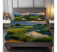 Sábana Bajera Verde Ajustable Cómoda Transpirable 90 x 190 cm, Juego de Cama Naturaleza Montaña Pradera Moderno Antideslizante Decorativo para Colchones de hasta 30 cm de Profundidad
