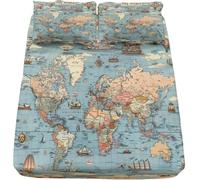 Sabanas 135 x 190 Mapa del Mundo, 3D impresión Tema Geográfico Sábana Bajera de Microfibre Suave y Transpirable, Funda de Colchón Sábana con Elástica Bolsillo Profundo 30 cm, Sabanas Cama 135, P1628