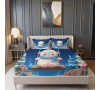 Sábanas Ajustables 160 x 200 cm para Adolescente Adulto, Navidad Dibujos Animados Ovejas Tema Comodidad Suave Sábana Ajustable - Azul Ropa de Cama para Colchones hasta 30 cm Altura