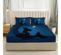 Sábanas Ajustables 180 x 200 cm Sábanas Estampadas con Sirenas Sueños de una Noche iluminada por la Luna hexagonales Elástico en Todo el Contorno, 30 cm de Profundidad, Microfibra hipoalergénica