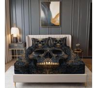 Sábanas Ajustables 90 x 190 cm para Adolescente Adulto, Fantasía Oscura Estilo Gótico Esqueletos Tema Comodidad Suave Sábana Ajustable - Negro Dorado Ropa de Cama para Colchones hasta 30 cm Altura