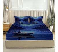 Sábanas Ajustables 90 x 190 cm Sábanas Estampadas con BLU Bianco hexagonales Elástico en Todo el Contorno, 30 cm de Profundidad, Microfibra hipoalergénica Paseo en Bote por el Lago en una Noche