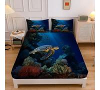 Sábanas Ajustables Arrecife De Tortugas, Vida Marina Microfibra Transpirable Cómoda 90x190x30 cm Sábana Bajera con 2 Fundas, Azul Oscuro