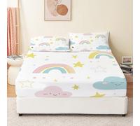 Sábanas Ajustables Dibujos Animados Nubes Estrellas 150 x 200 cm Vistoso, Sábana Ajustable Estampada De Microfibra De 30 cm De Profundidad para Decoración De Dormitorios En Todas Las Estaciones