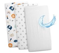 Sábanas Ajustables para Cochecito de bebé Juego de 3: 90 x 55 cm - 2 sábanas + 1 Protector de colchón Impermeable - Accesorios para Cuna de bebé y minicuna Estrellas Blancas