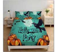 Sabanas Bajeras 90x190cm Sabana Bajera Microfibra Turquesa Sábana Bajera Ajustable Suave Transpirable Sabánas con Elásticos Impresiones Calabazas Cuervos Halloween para Colchón con Una Altura 30cm
