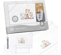 Sabanas Cuna 60x120 100% Algodón Set 3 piezas con Sabana Bajera Transpirable Ajustable Lavable Funda Almohada Suave Pack para Descanso de Bebes y Recien Nacidos Elfantes/Jirafas Chupetero interbaby