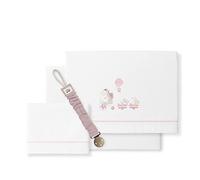 Sábanas cuna Jirafa Bicicleta blanco y rosa con chupetero muselina