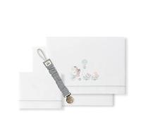 Sábanas cuna Jirafa Bicicleta blanco y verde con chupetero muselina