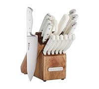 Sabatier Juego de 15 cuchillos de triple remache forjados, cuchillos de cocina de acero inoxidable de alto carbono, juego de cuchillos afilados con bloque de madera de acacia, manijas blancas