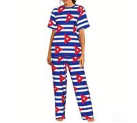 SABFWF Conjunto de pijama de lujo con estampado de bandera cubana para mujer, conjunto de pijama suave, perfecto para descansar y dormir, Negro, L