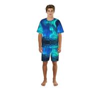 SABFWF Conjunto de pijama para hombre con estampado de auroras boreales, cómodo conjunto de pijama para hombre con pantalones cortos, perfecto para las noches de verano, Negro, S