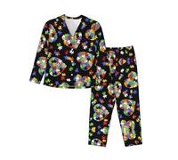 SABFWF Conjunto de pijama para mujer con diseño de rompecabezas de concienciación sobre el autismo, con estampado de corazón, ropa de descanso cómoda para Navidad, pijamas familiares a juego, Negro, S