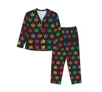 SABFWF Conjunto de pijama para mujer con estampado de hojas de cannabis coloridas, ropa de descanso cómoda para Navidad, pijamas familiares a juego, Negro, L