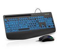 SABLUTE Combo de teclado y mouse con cable, teclado retroiluminado de impresión grande con reposamuñecas y retroiluminación de 7 colores, teclados de computadora iluminados fáciles de ver, teclado USB