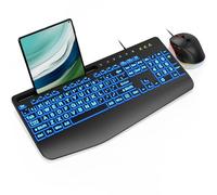 SABLUTE Combo de teclado y mouse con cable, teclado retroiluminado de impresión grande con reposamuñecas y retroiluminación de 7 colores, teclados de computadora iluminados fáciles de ver, teclado USB