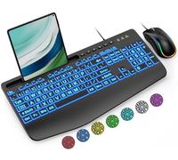 SABLUTE Combo de teclado y mouse con cable, teclado retroiluminado de impresión grande con reposamuñecas y retroiluminación de 7 colores, teclados de computadora iluminados fáciles de ver, teclado USB