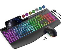 SABLUTE Combo de teclado y mouse inalámbricos, 9 efectos retroiluminados, impresión grande, reposamuñecas, soporte para teléfono, teclados ergonómicos sin retrasos de 2.4 G, recargable, fácil de ver
