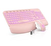 SABLUTE Combo de teclado y mouse inalámbricos ergonómicos, teclado Wave con reposamuñecas de cuero suave, teclas resistentes, juego recargable retroiluminado RGB para PC/Mac/Chromebook (rosa)